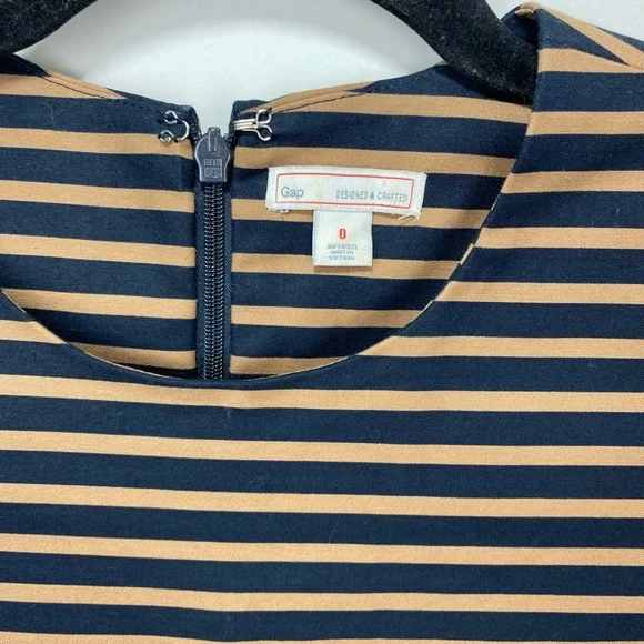GAP Dress Women 0 Tan Black 3/4 Sleeves Zip Party Holiday Pockets Preppy Striped - Picture 10 of 15